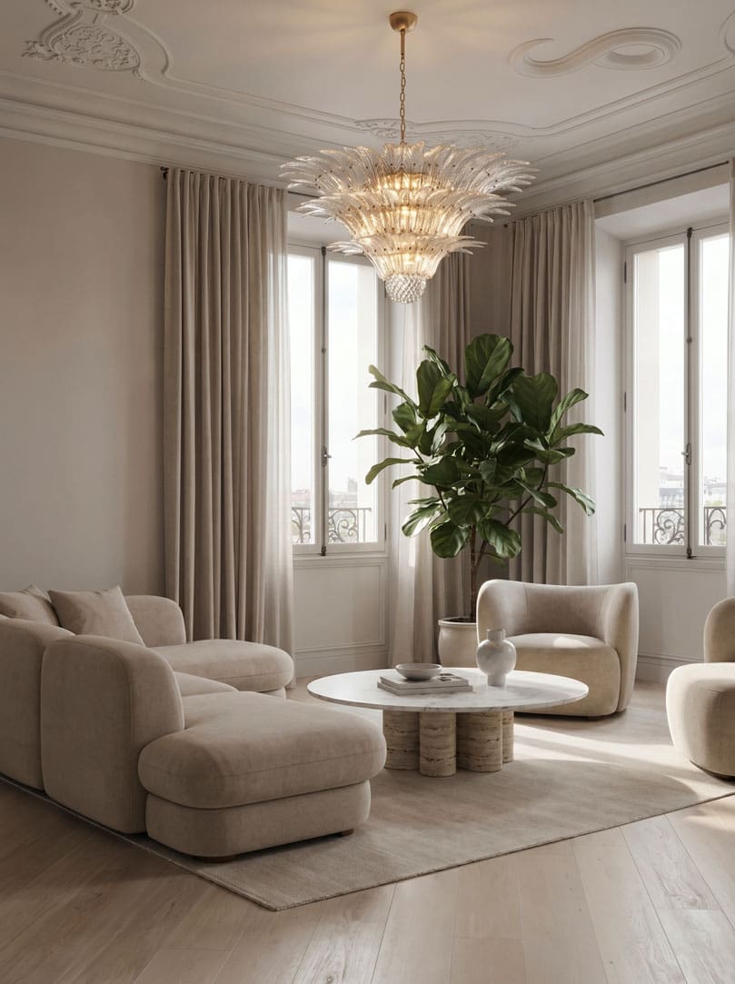 104 transparent palmette Murano chandelier hanging in livingroom