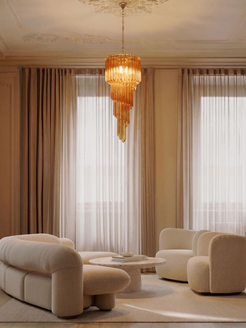 86 amber spiral Murano chandelier hanging in livingroom