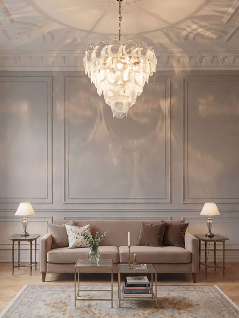50 lattimo Murano glass leaves, hanging in a livingroom