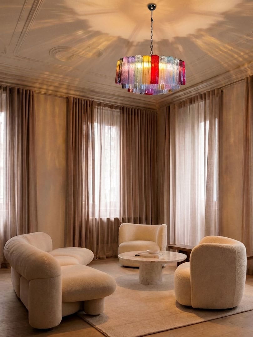 101 multi tube Murano chandelier hanging in livingroom.